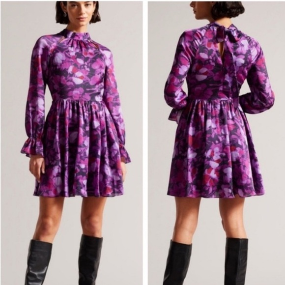 Ted Baker Dresses & Skirts - NWT Ted Baker Sammieh Purple Floral Long Sleeve High Neck Flare Mini Dress Sz: 0